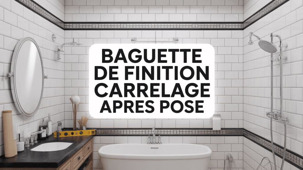 Salle bain moderne avec baguette finition carrelage après pose et outils de pose