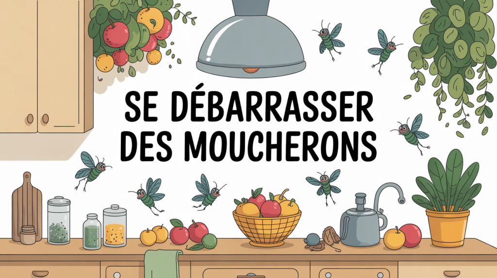 Cuisine avec moucherons autour de fruits, poubelle et plantes
