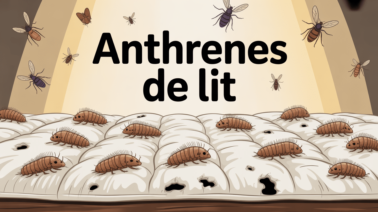 Illustration d'un anthrene de lit avec larves et insectes adultes sur matelas