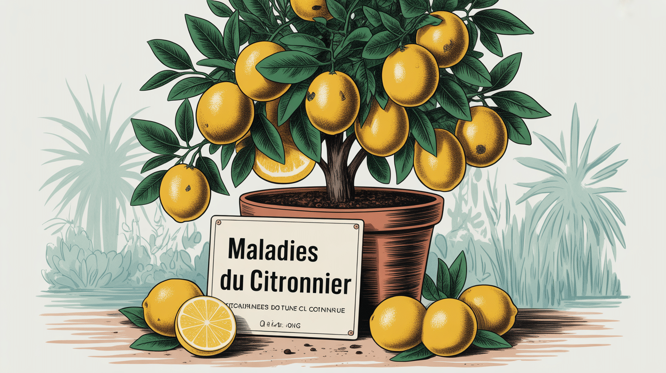 Illustration maladies citronnier feuilles jaunies taches brunes fruits tombés