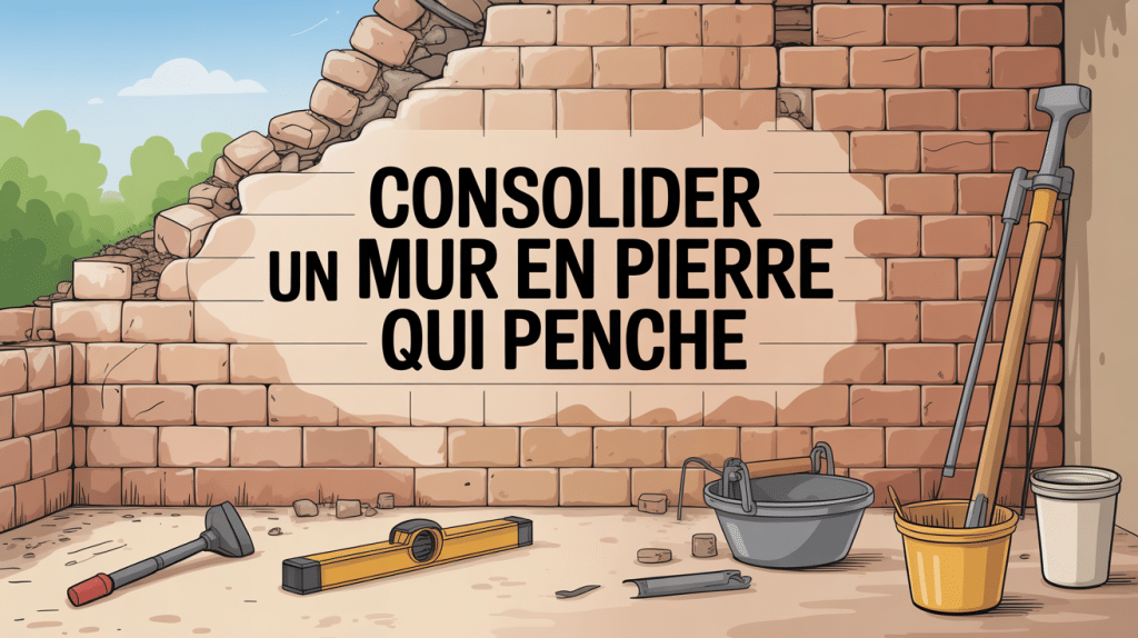 Consolider un mur en pierre penché avec outils artisan