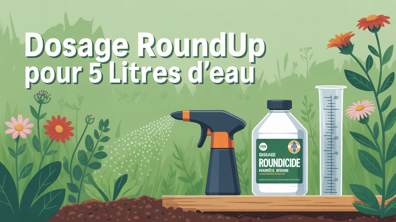 Vue stylisee jardin avec mauvaises herbes pulvrisateur et dosage roundup pour 5 litres d eau