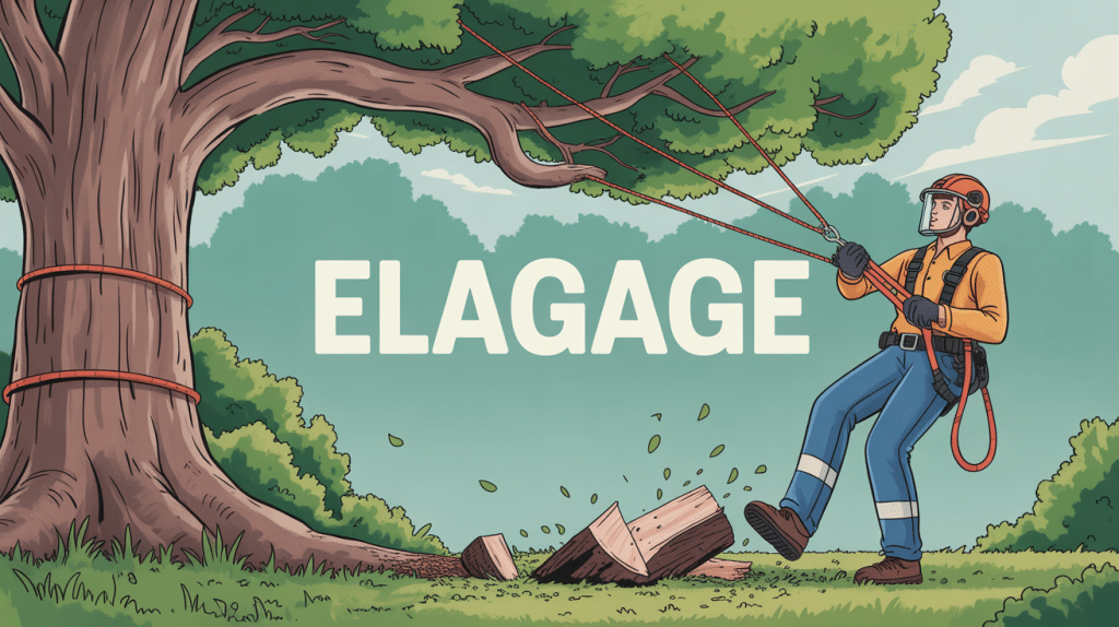 Professionnel en équipement de sécurité effectuant un élagage sur un grand arbre