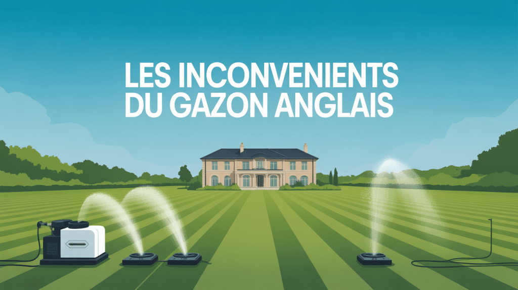 Gazon anglais inconvénients - pelouse tondue avec arroseurs et maison