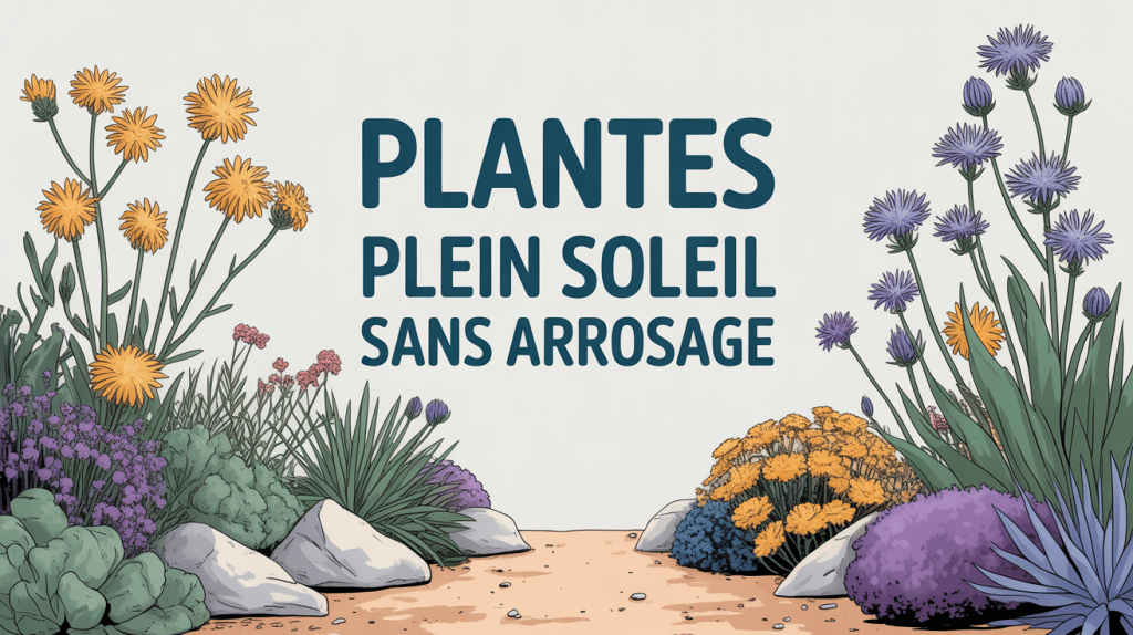 jardin ensoleillé avec plantes plein soleil sans arrosage et paillage minéral