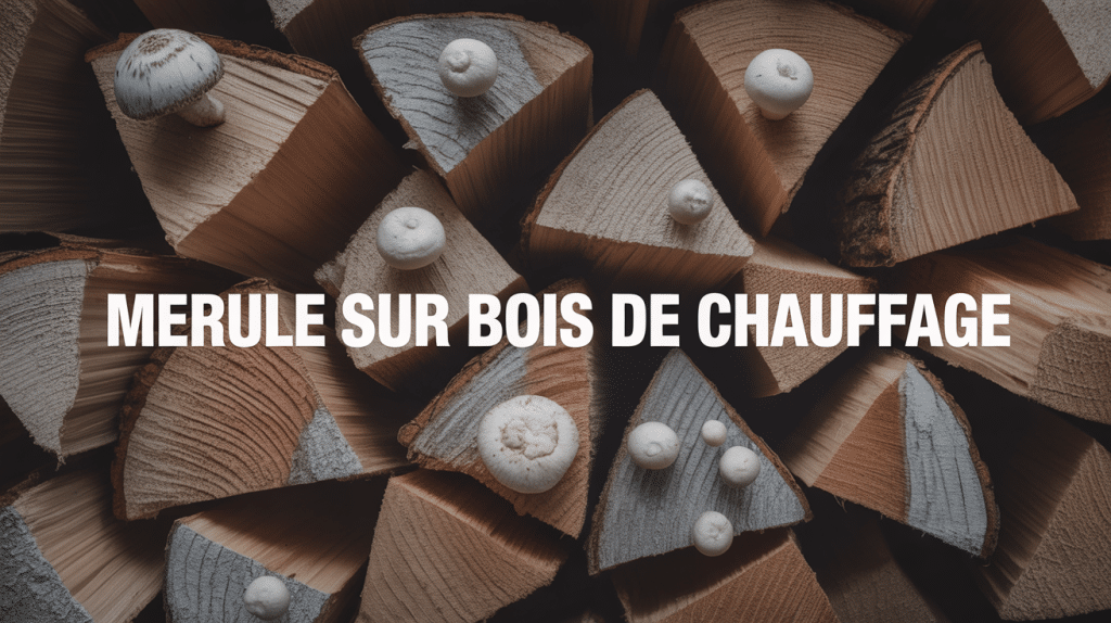 tas de bois de chauffage avec traces de merule blanc-grisatre