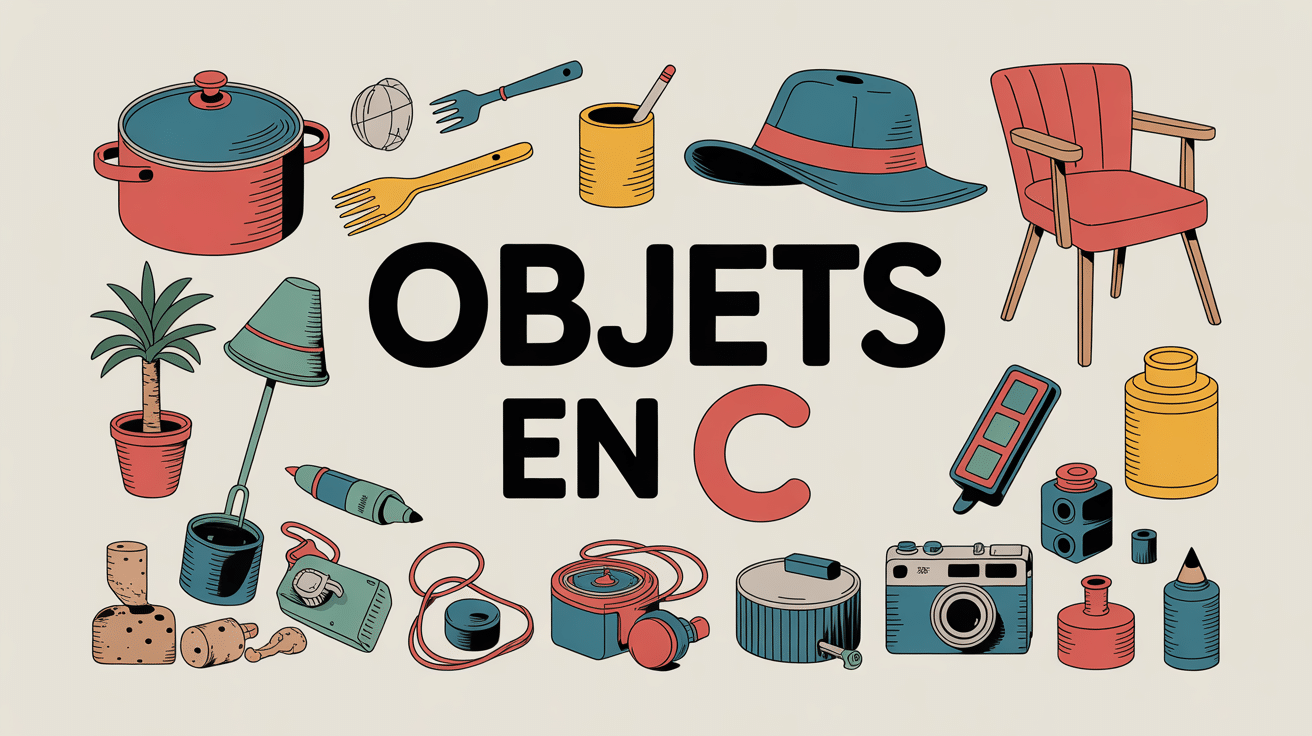 Image d'objets en C colorés : casserole, couteau, caméra
