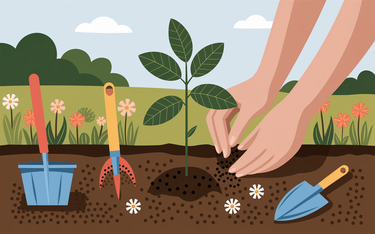 Plantation jeune sorbier jardin outils arrosoir sol drainé