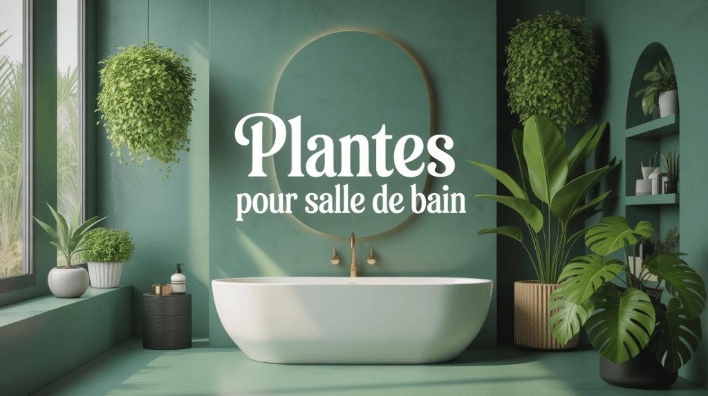 Salle de bain moderne avec plantes vertes luxuriantes et ambiance zen