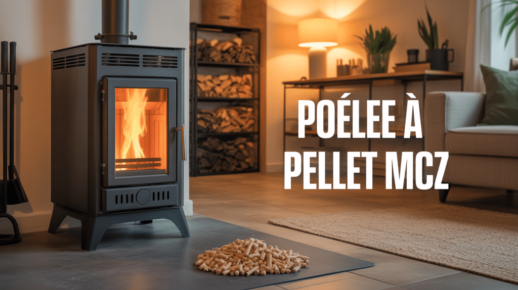 Poêle à pellet MCZ dans salon moderne avec flammes