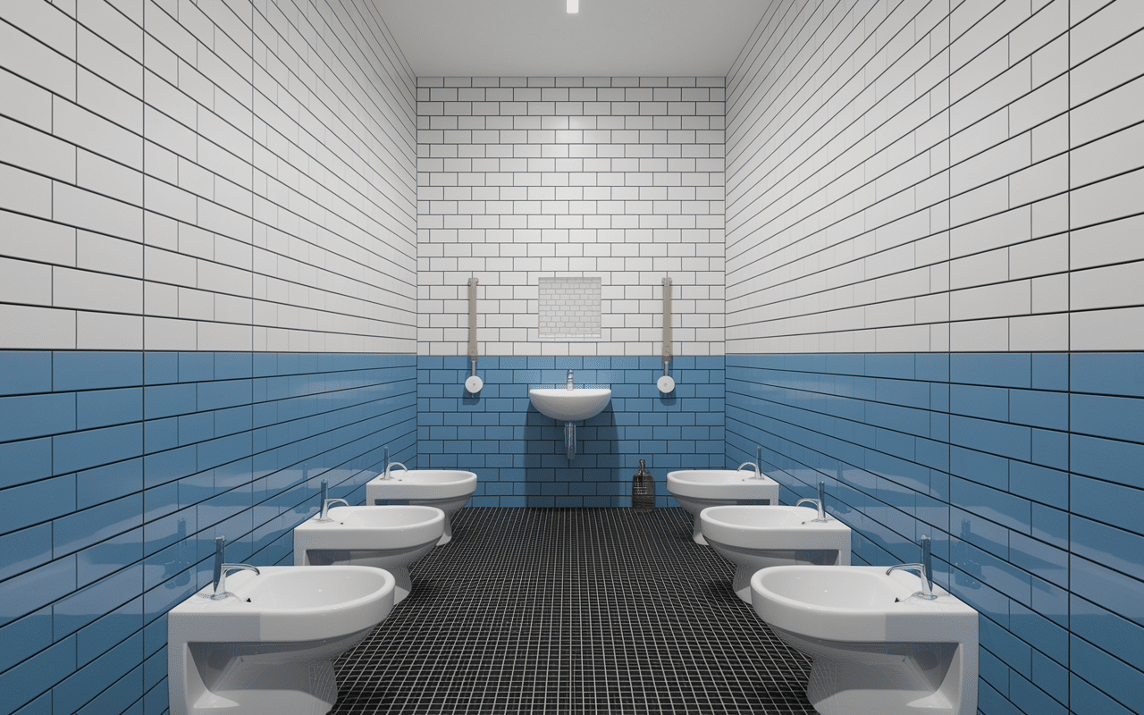 Toilettes préparées pour peinture avec protections.
