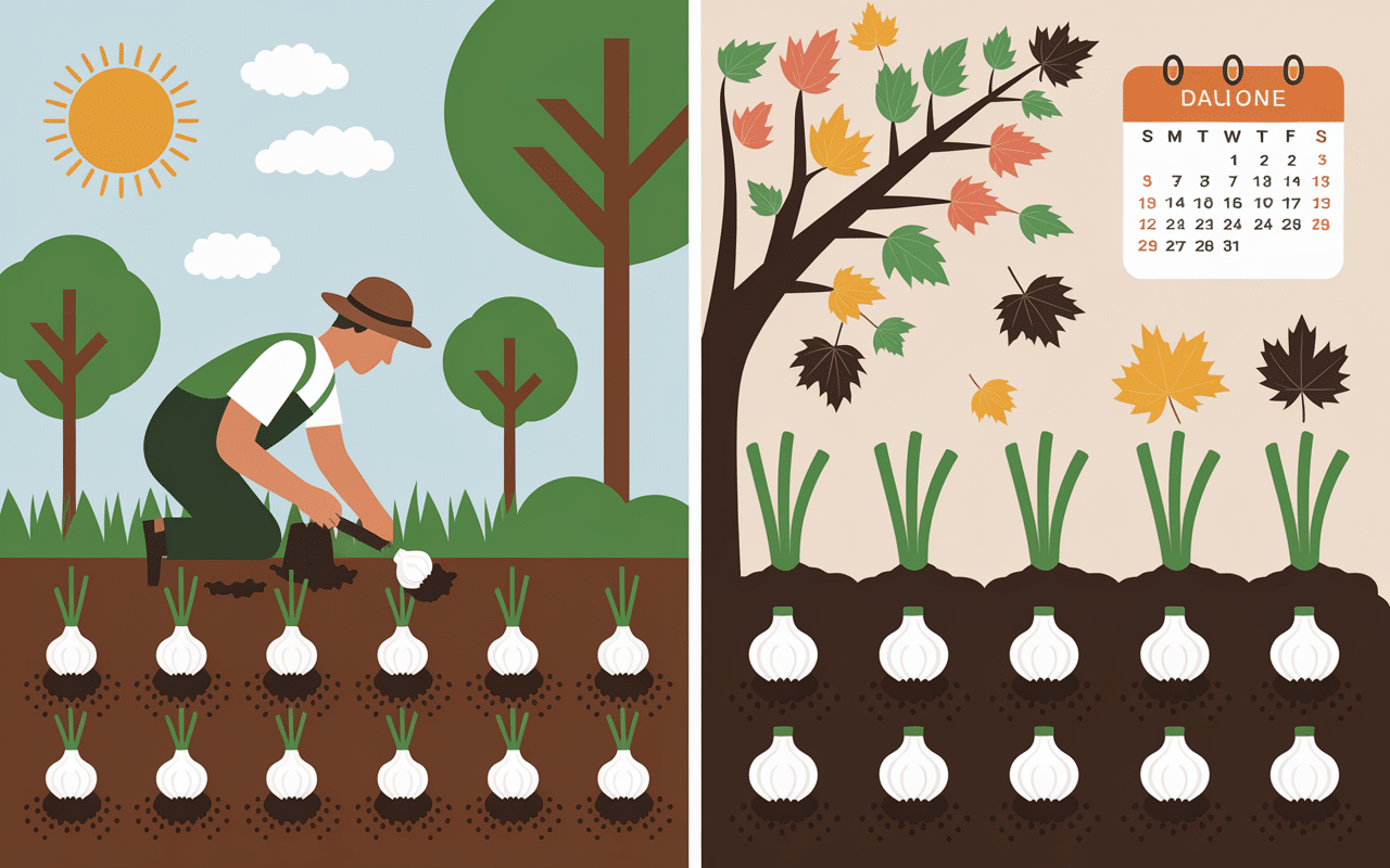 Scène printemps et automne avec plantation d'oignons et calendrier