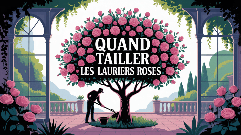 Illustration jardinier taillant lauriers roses en jardin méditerranéen