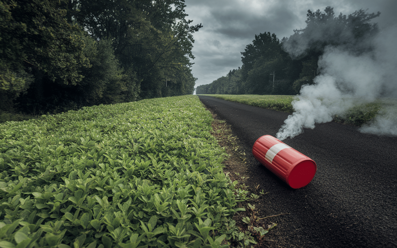 Sol noirci, bidon gasoil renversé dangers désherber au gasoil