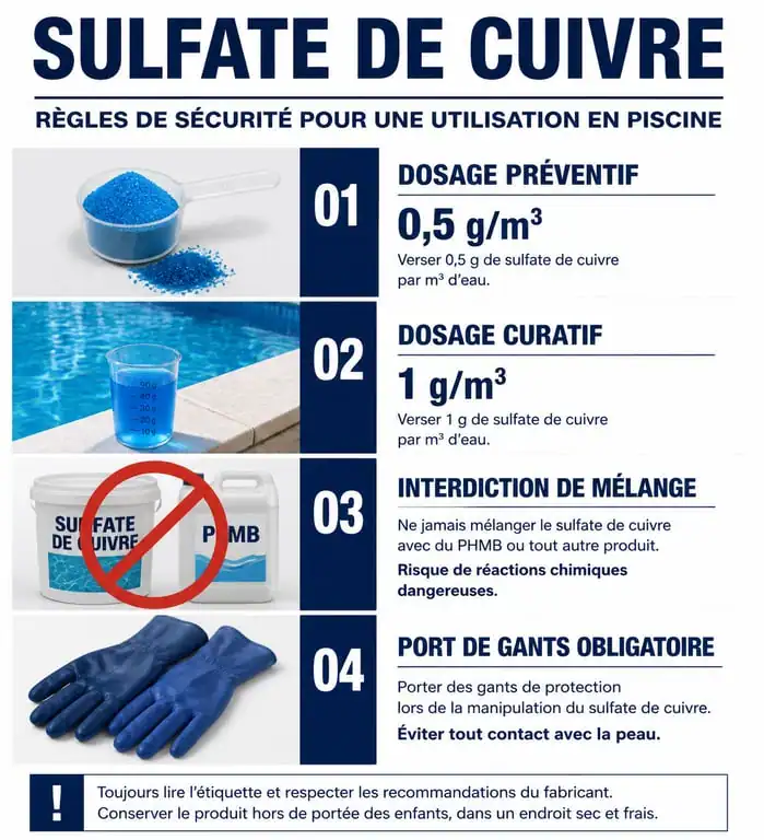 Infographie des règles de sécurité et dosage sulfate de cuivre piscine
