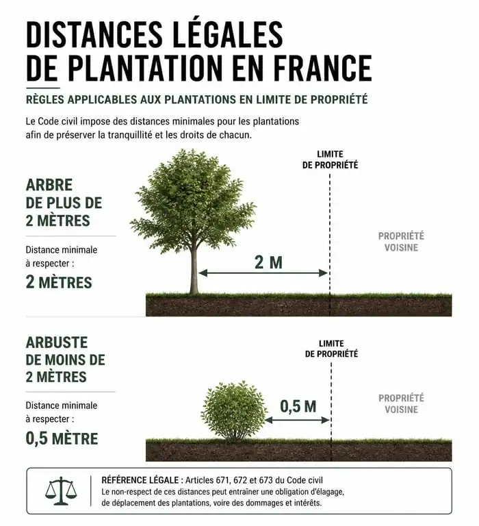 Schéma des distances légales de plantation des arbres et arbustes selon le Code civil