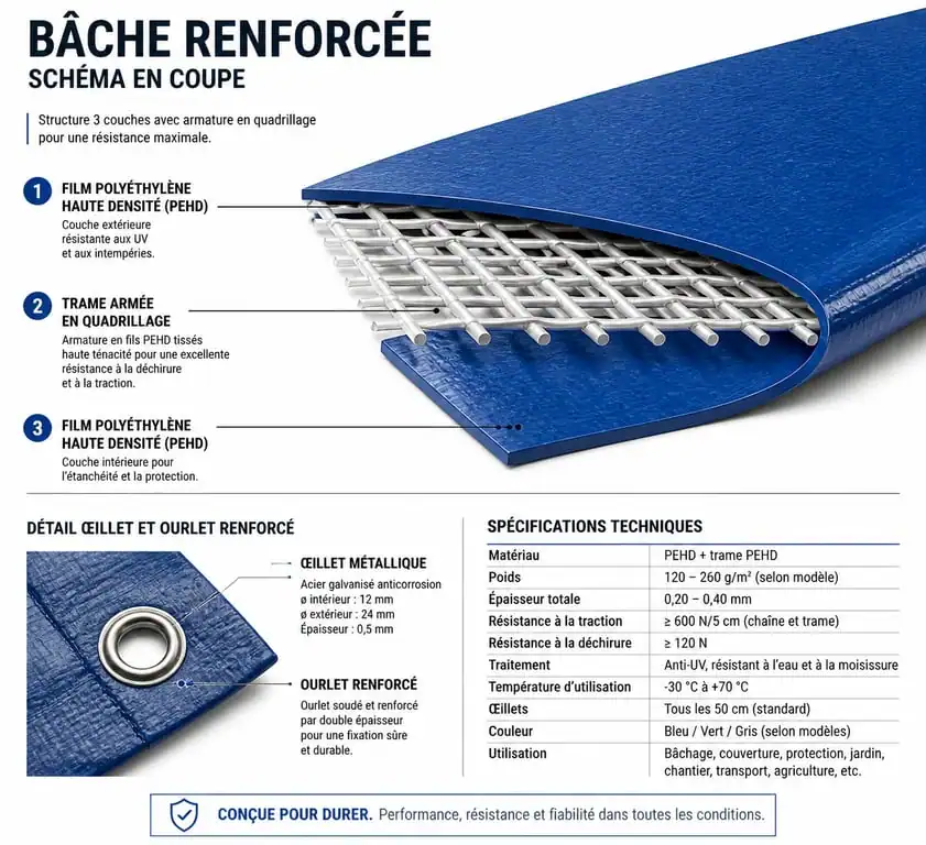 Schéma technique de la structure d'une bâche renforcée avec trame armée et œillets