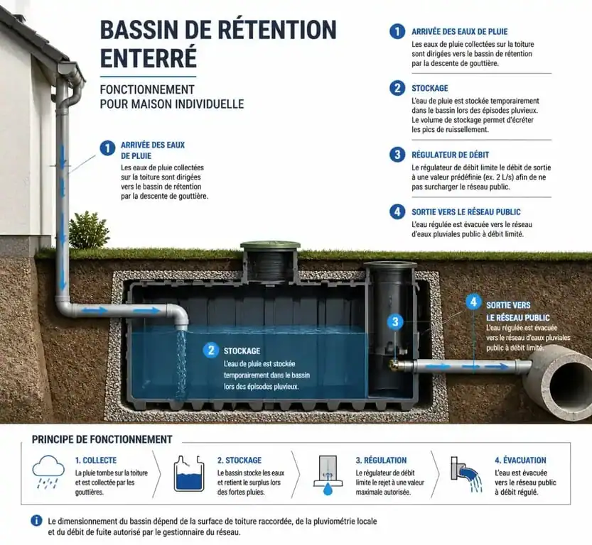 Schéma de fonctionnement d'un bassin de rétention pour maison individuelle