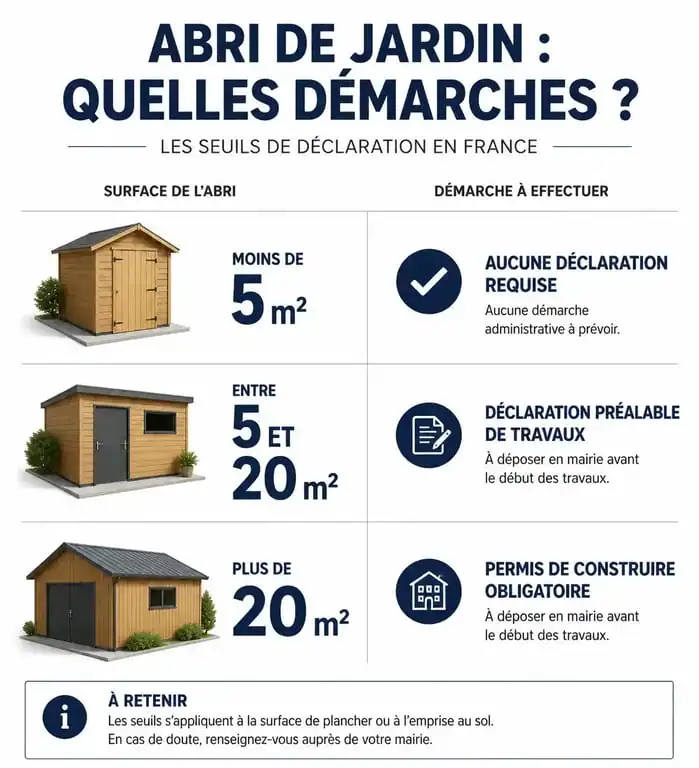 Infographie des seuils de déclaration pour un abri de jardin déjà construit