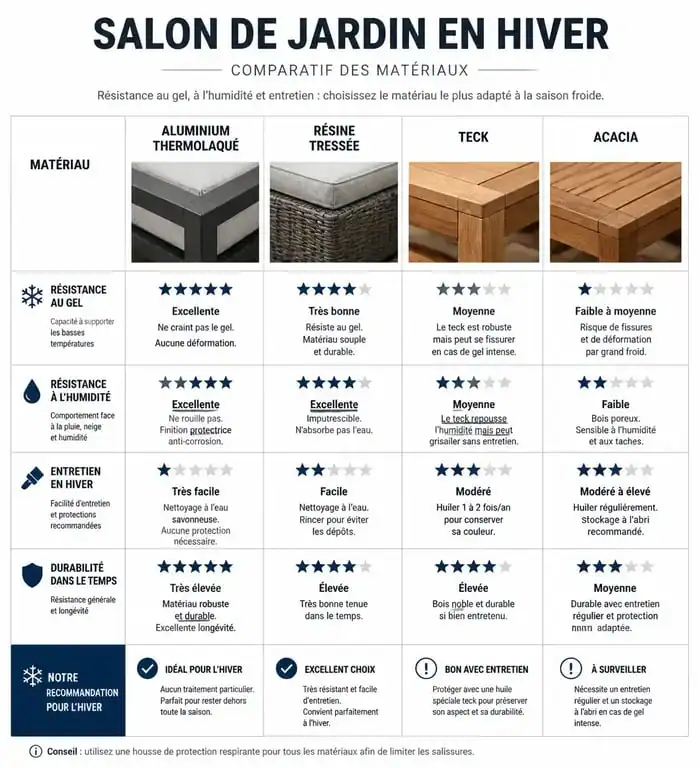 Tableau comparatif des matériaux de salon de jardin qui peuvent rester dehors l'hiver