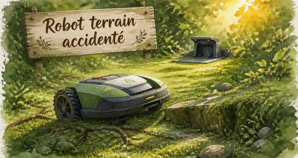Robot tondeuse terrain accidenté qui évite le blocage sur pelouse vallonnée