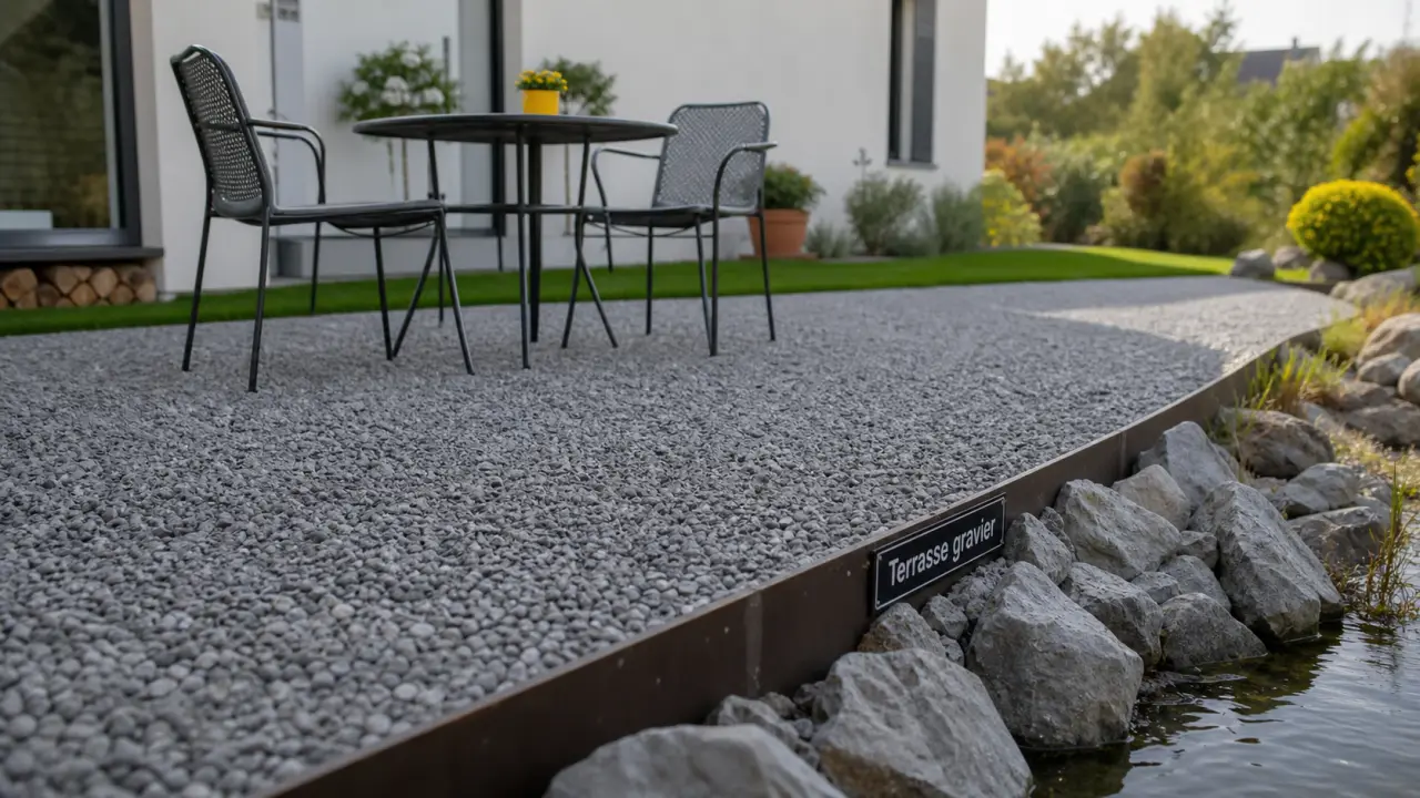 Terrasse en gravier concassé 8/16 : surface stable, bordures et géotextile