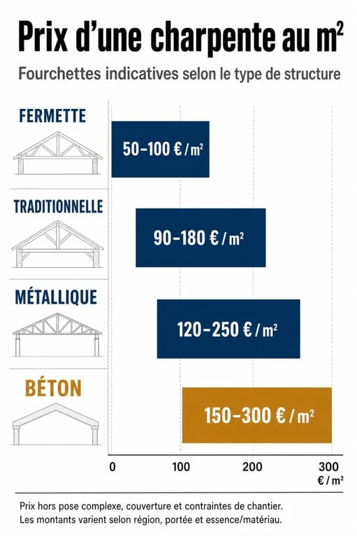 Prix charpente comparatif des fourchettes au m² selon le type de structure