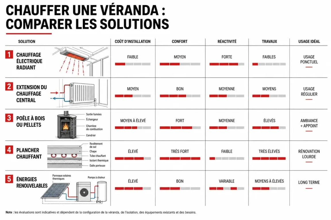 Comment chauffer une veranda : comparaison visuelle des principales solutions de chauffage