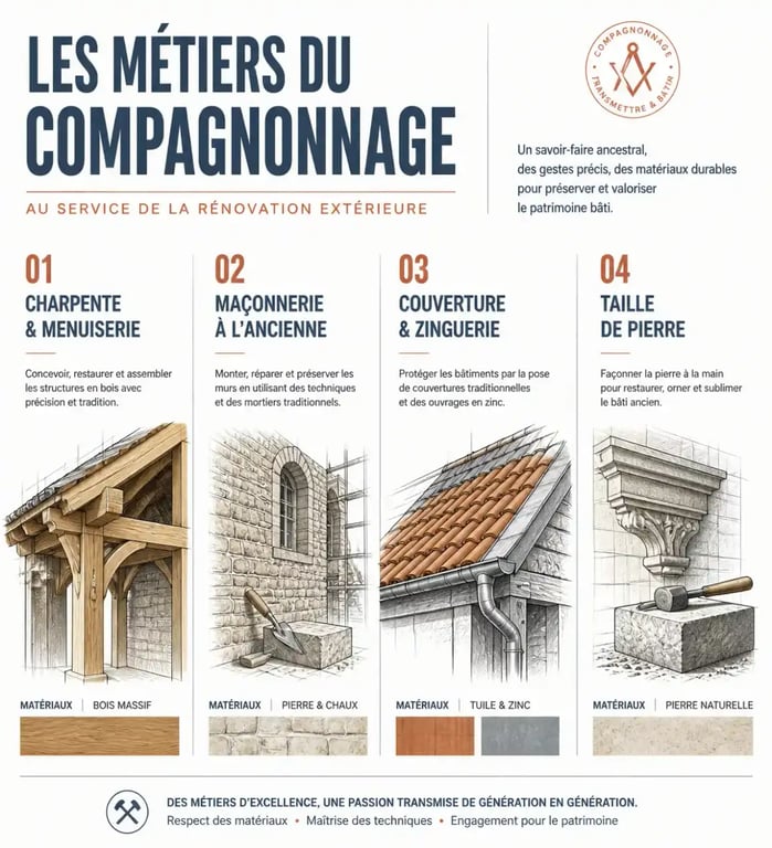 Infographie des métiers du compagnonnage pour les travaux extérieurs