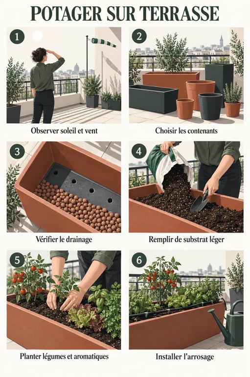 Étapes pour aménager un potager urbain sur sa terrasse avec contenants, substrat et arrosage