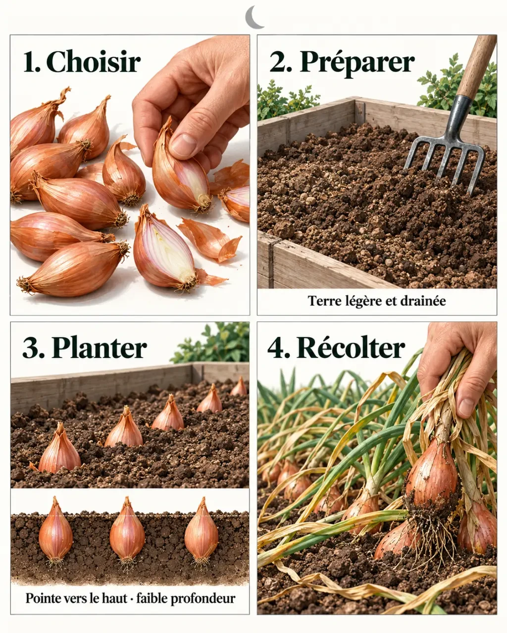 Illustration des étapes pour savoir quand planter les échalotes avec la lune et réussir leur plantation au potager