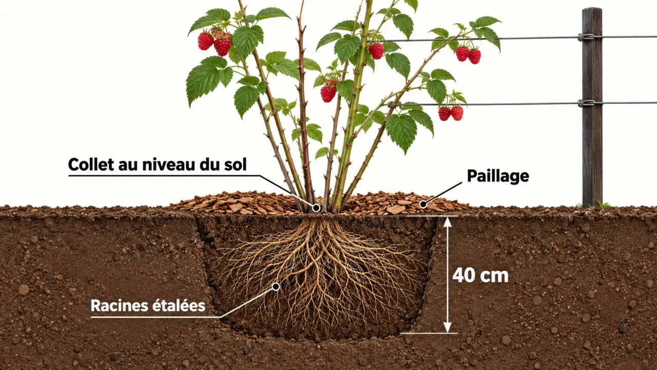 Schéma en coupe montrant quand planter des framboisiers et comment positionner le collet au niveau du sol, avec paillage et racines étalées
