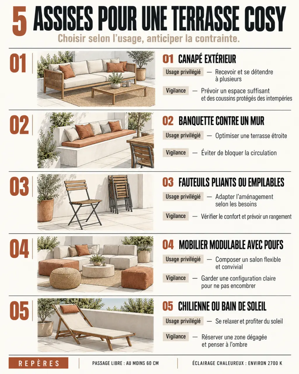 Infographie pour aménager une terrasse cosy et prolonger son salon extérieur avec cinq solutions d’assises